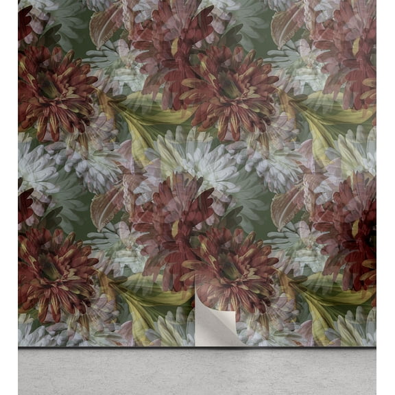 Ambesonne Floral Peel & Stick Wallpaper for Home, Gerbera Shadowy Effect Art, 13"x72", Pale Maroon Olive Green