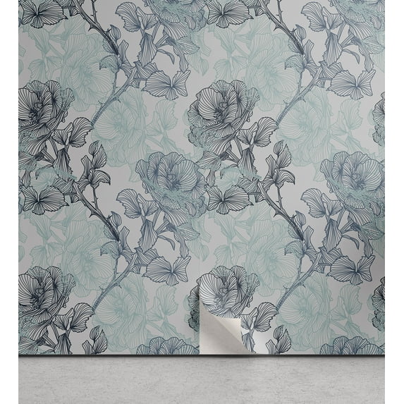 Ambesonne Floral Peel & Stick Wallpaper for Home, Grunge Look Roses Sketch, 13"x100", Blue Grey Multicolor