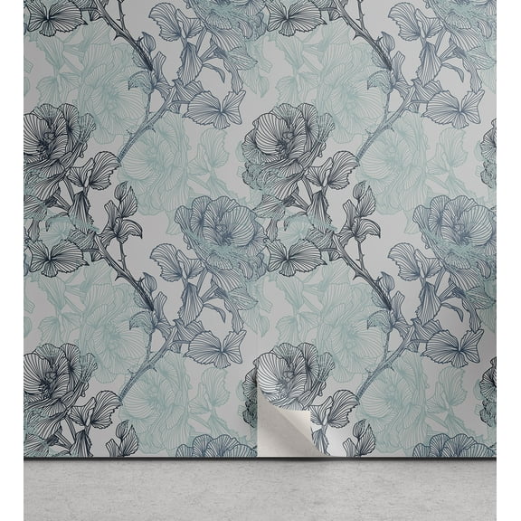 Ambesonne Floral Peel & Stick Wallpaper for Home, Grunge Look Roses Sketch, 13"x72", Blue Grey Multicolor