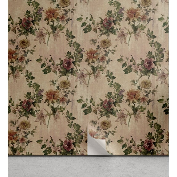 Ambesonne Floral Peel & Stick Wallpaper for Home, Grungy Back Flowers Leaves, 13"x100", Salmon Green Pale Rust