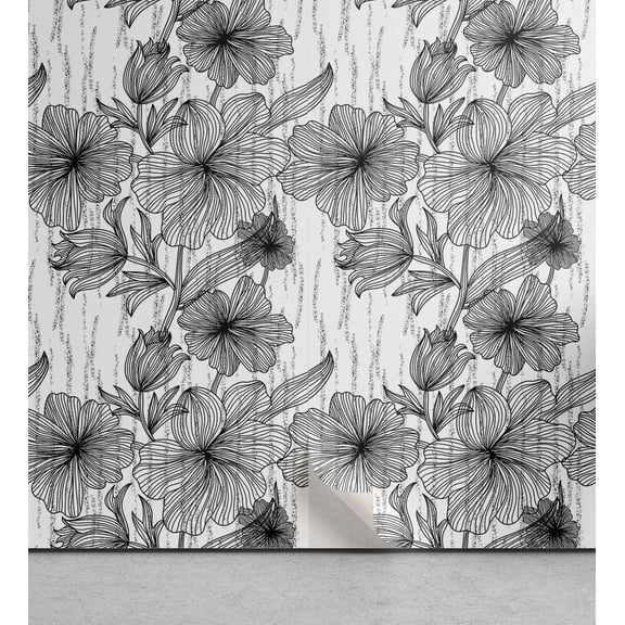 Ambesonne Floral Peel & Stick Wallpaper for Home, Hand Drawn Line Art Design, 13"x36", Black and White