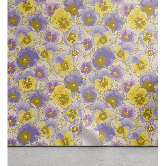 Ambesonne Floral Peel & Stick Wallpaper for Home, Hand Drawn Pansy Garden, 13"x72", Lavender Lilac Yellow