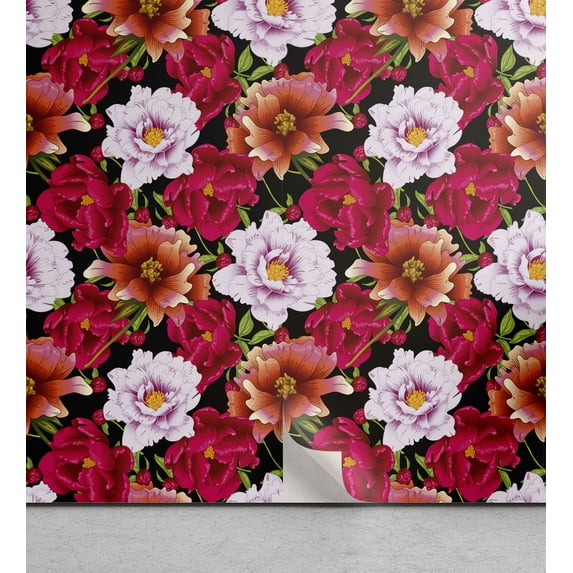 Ambesonne Floral Peel & Stick Wallpaper for Home, Hawaiian Pinkish Wildflowers, 13"x100", Hot Pink Salmon Green