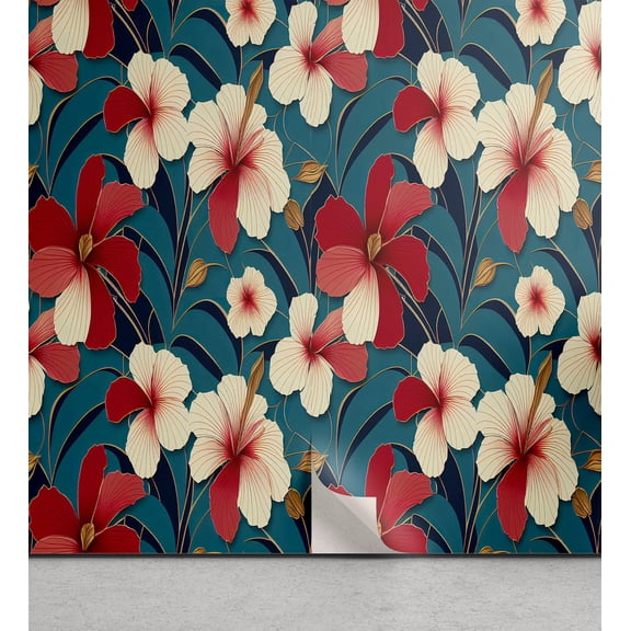 Ambesonne Floral Peel & Stick Wallpaper for Home, Hibiscus Tropical Leaves Art, 13"x36", Cadet Blue Cream and Ruby