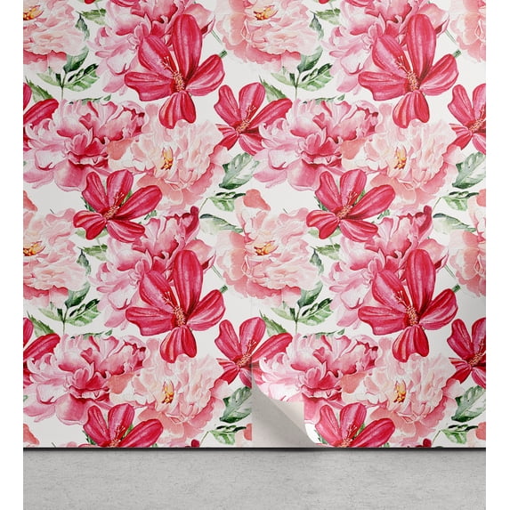 Ambesonne Floral Peel & Stick Wallpaper for Home, Hibiscus and Peony Blossoms, 13"x100", Pale Pink and Dark Coral