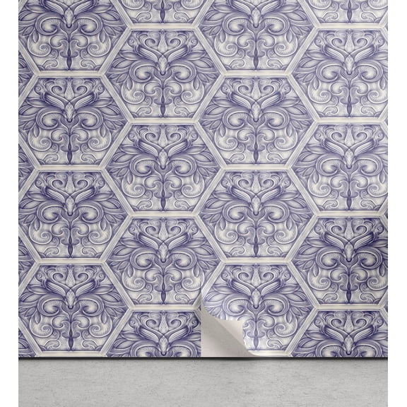 Ambesonne Floral Peel & Stick Wallpaper for Home, Honeycomb with Damask Flower, 13"x36", Purple Grey and Pale Grey