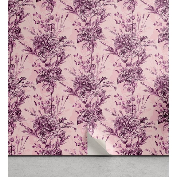 Ambesonne Floral Peel & Stick Wallpaper for Home, Hydrangeas and Roses Retro, 13"x36", Pale Purple and Soft Pink