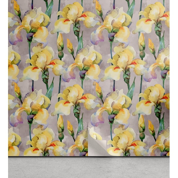 Ambesonne Floral Peel & Stick Wallpaper for Home, Iris Garden Themed Print, 13"x72", Purple Grey and Mustard