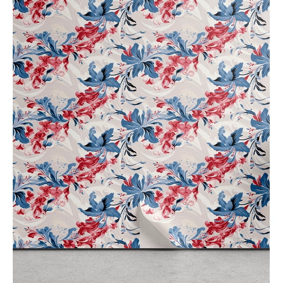 Ambesonne Floral Peel & Stick Wallpaper for Home, Iris and Honeysuckle Pattern, 13"x36", Dark Coral Sea Blue Grey
