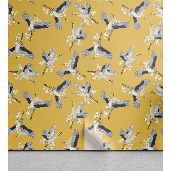 Ambesonne Floral Peel & Stick Wallpaper for Home, Japanese Exotic Cranes Print, 13"x36", Earth Yellow and Lilac