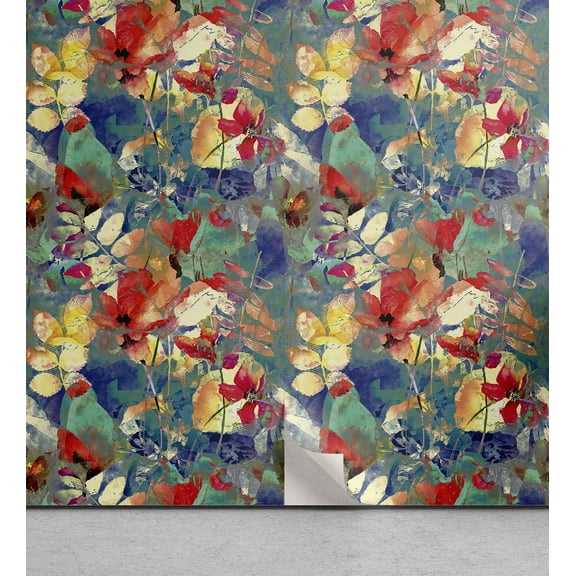 Ambesonne Floral Peel & Stick Wallpaper for Home, Jumble Wild Flowers Pattern, 13"x100", Violet Blue Teal and Orange