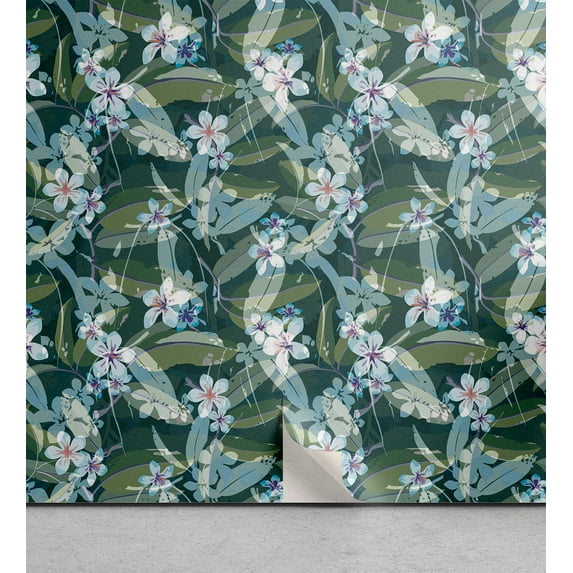 Ambesonne Floral Peel & Stick Wallpaper for Home, Jungle Flowers Tropical Leaf, 13"x36", Pistachio Green and Soft Blue