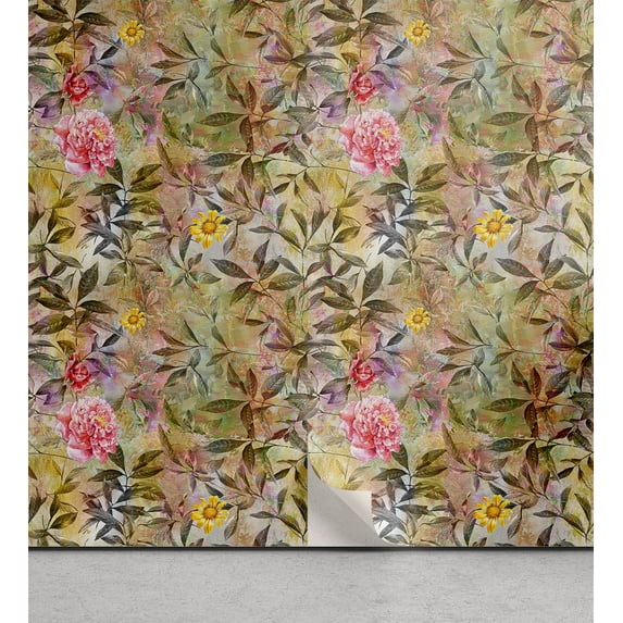 Ambesonne Floral Peel & Stick Wallpaper for Home, Leaf Prints Summer Flowers, 13"x72", Khaki Sepia and Pink