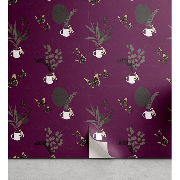 Ambesonne Floral Peel & Stick Wallpaper for Home, Leaves Cups Butterflies Art, 13"x36", Reseda Green Dark Magenta