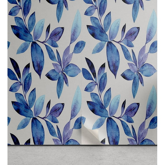 Ambesonne Floral Peel & Stick Wallpaper for Home, Leaves Tropical Plain Back, 13"x72", Ivory and Cobalt Blue