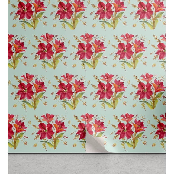 Ambesonne Floral Peel & Stick Wallpaper for Home, Lily Flowers Botanic Retro, 13"x36", Ruby Pale Mint Green