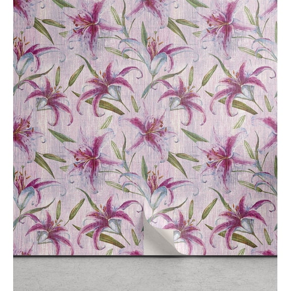 Ambesonne Floral Peel & Stick Wallpaper for Home, Lily Flowers Vintage Grunge, 13"x72", Pink Green and Rose