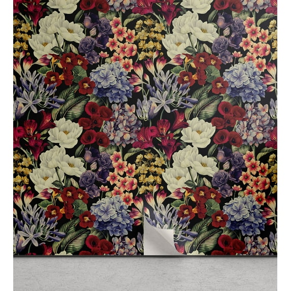 Ambesonne Floral Peel & Stick Wallpaper for Home, Lily Pansies Tulips Lavender, 13"x36", Ruby and Multicolor