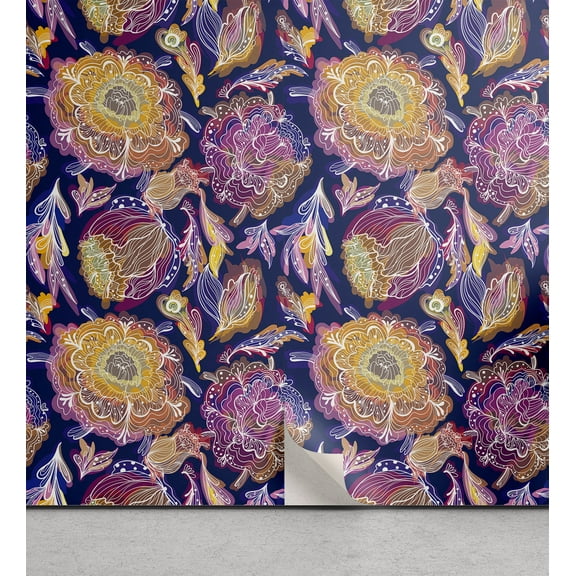 Ambesonne Floral Peel & Stick Wallpaper for Home, Line Art Chrysanthemum Plot, 13"x36", Dark Lavender and Pale Brown