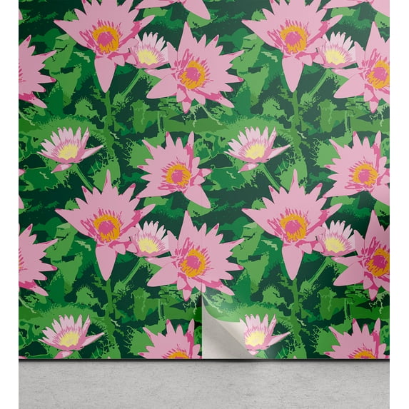 Ambesonne Floral Peel & Stick Wallpaper for Home, Lotus Flowers Continuous Art, 13"x72", Soft Pink and Forest Green
