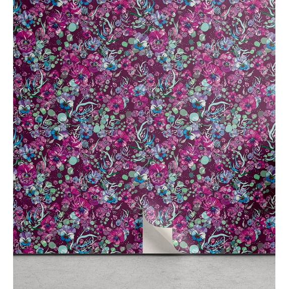 Ambesonne Floral Peel & Stick Wallpaper for Home, Magic Flowers Pattern Print, 13"x36", Dark Magenta Multicolor