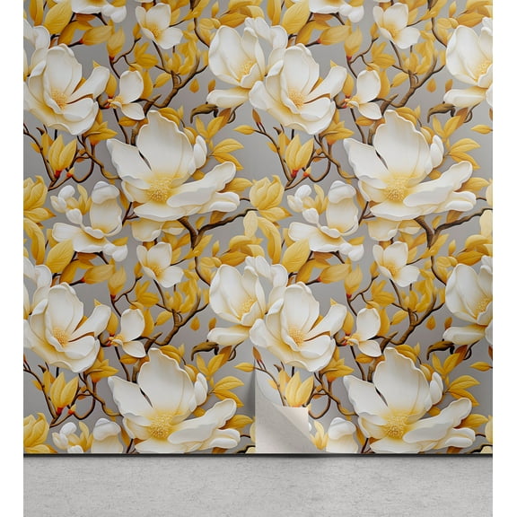 Ambesonne Floral Peel & Stick Wallpaper for Home, Magnolia Flowers Romance, 13"x72", Earth Yellow Redwood