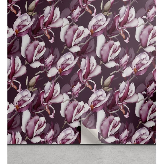 Ambesonne Floral Peel & Stick Wallpaper for Home, Magnolia Flowers Watercolor, 13"x100", Plum Dark Magenta and Umber