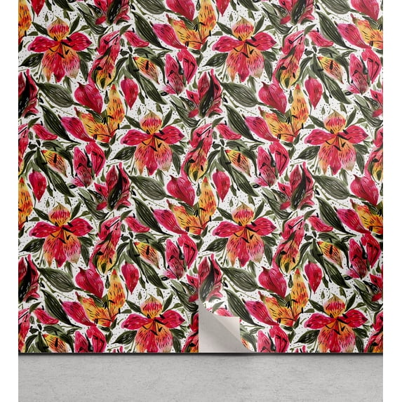 Ambesonne Floral Peel & Stick Wallpaper for Home, Minimalist Dots Flowers Plot, 13"x100", Dark Pink and Sage Green
