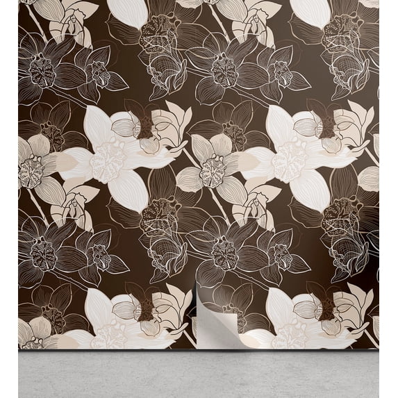 Ambesonne Floral Peel & Stick Wallpaper for Home, Monochromatic Orquid Print, 13"x36", Dark Cocoa Beige and White