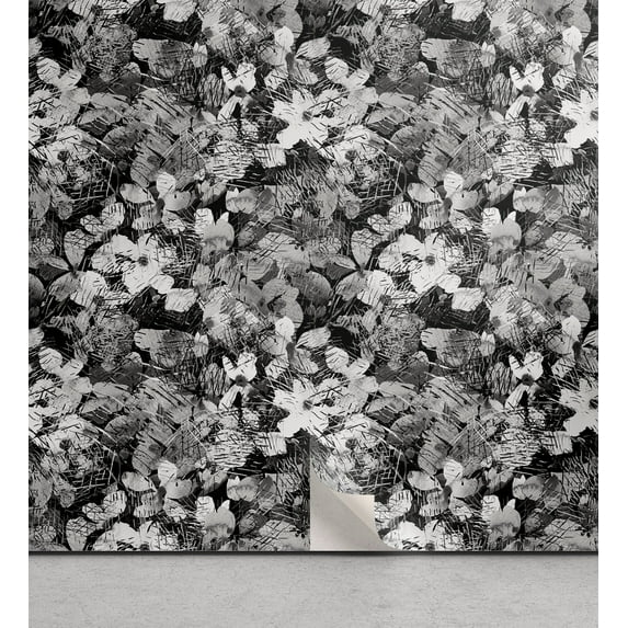 Ambesonne Floral Peel & Stick Wallpaper for Home, Monochrome Garden Scene Art, 13"x100", Charcoal Grey and Pale Grey