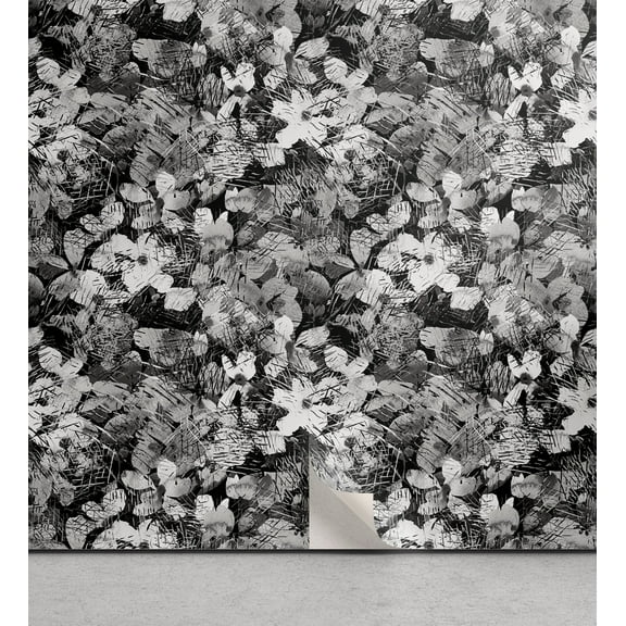 Ambesonne Floral Peel & Stick Wallpaper for Home, Monochrome Garden Scene Art, 13"x36", Charcoal Grey and Pale Grey