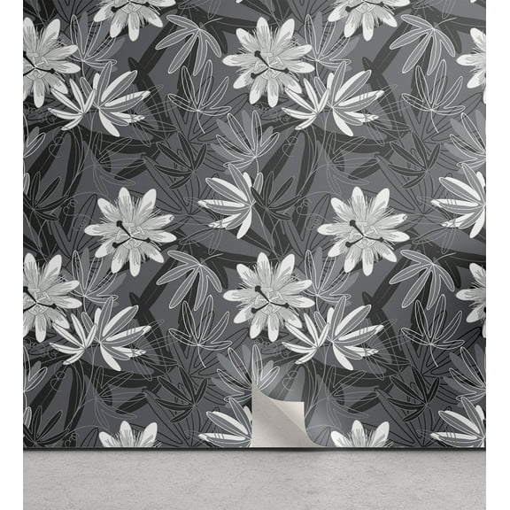 Ambesonne Floral Peel & Stick Wallpaper for Home, Monochrome Passionflowers, 13"x100", Pale Grey White