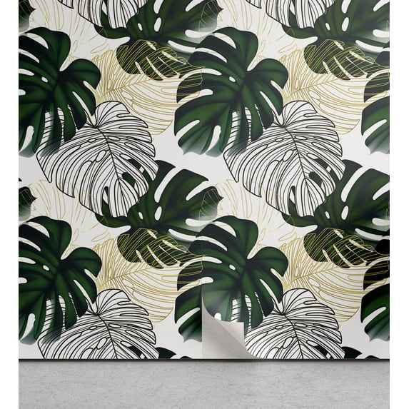 Ambesonne Floral Peel & Stick Wallpaper for Home, Monstera Leaves in 3 Tones, 13"x72", Emerald Off White and Camel