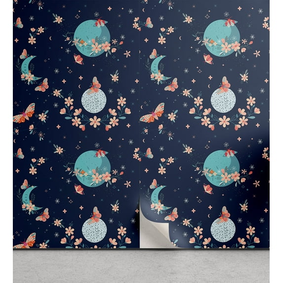 Ambesonne Floral Peel & Stick Wallpaper for Home, Moon Star Flower Butterfly, 13"x72", Slate Blue Blush and Peach