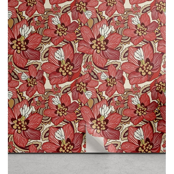 Ambesonne Floral Peel & Stick Wallpaper for Home, Nature Flowers Vintage Plot, 13"x36", Dark Coral and Pale Camel