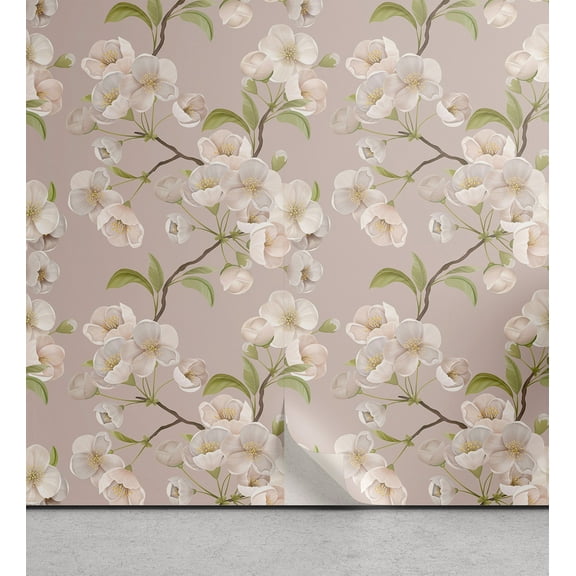 Ambesonne Floral Peel & Stick Wallpaper for Home, Neutral Boho Cherry Flowers, 13"x72", Pale Mustard Green Beige