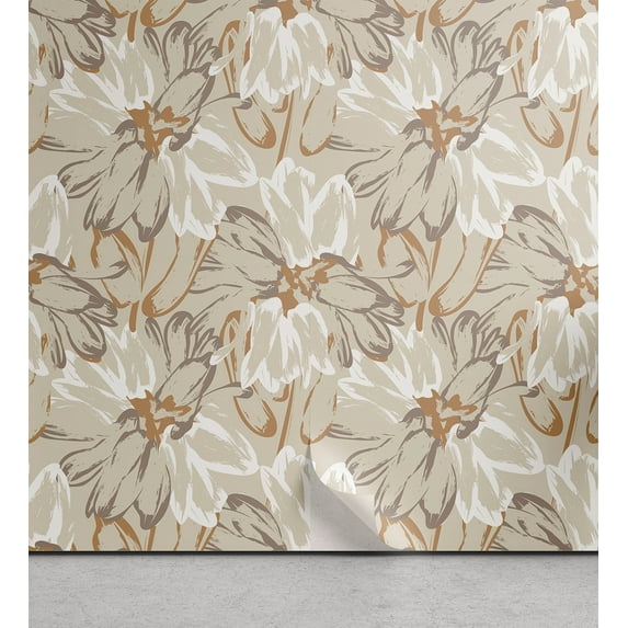 Ambesonne Floral Peel & Stick Wallpaper for Home, Neutral Contemporary Flowers, 13"x72", Pale Khaki White Brown