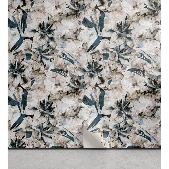 Ambesonne Floral Peel & Stick Wallpaper for Home, Neutral Grunge Pattern Lily, 13"x36", Dark Tan and Slate Blue