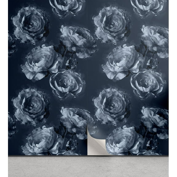Ambesonne Floral Peel & Stick Wallpaper for Home, Nostalgia Art Peony Flowers, 13"x100", Dark Slate Blue