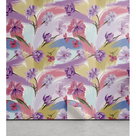 Ambesonne Floral Peel & Stick Wallpaper for Home, Oil Painting Look Flowers, 13"x36", Lilac Blush and Khaki