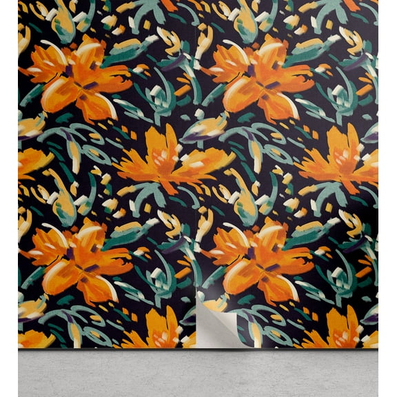 Ambesonne Floral Peel & Stick Wallpaper for Home, Orangish Tropical Flowers, 13"x72", Dark Orange Fern Green