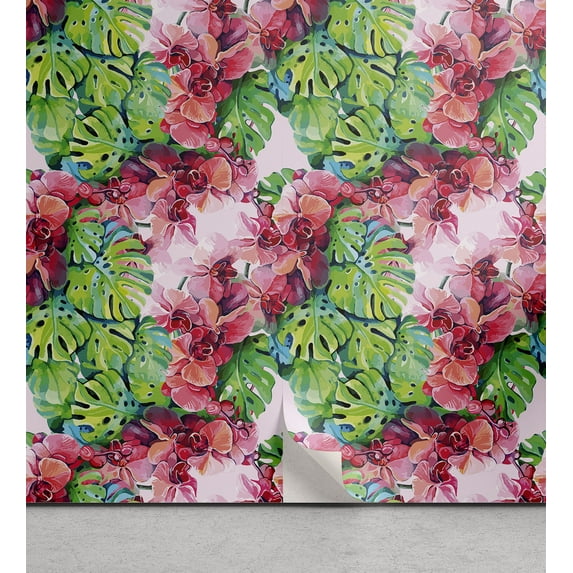 Ambesonne Floral Peel & Stick Wallpaper for Home, Orchids and Monstera Leaves, 13"x100", Dark Coral Rose Green