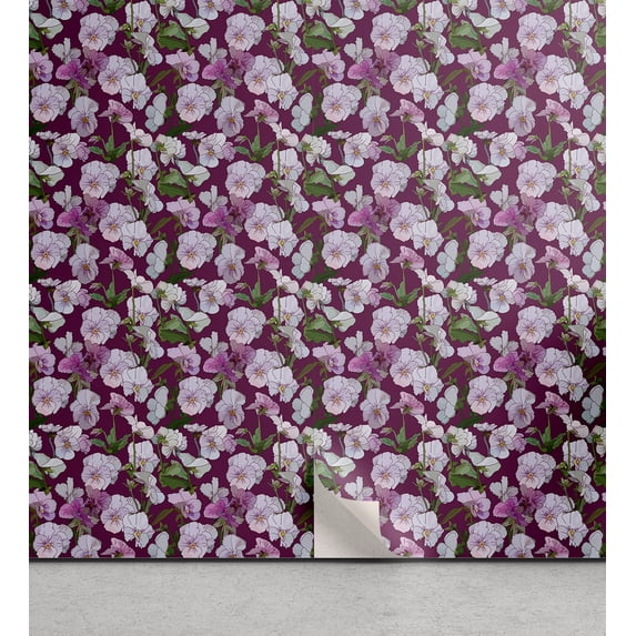 Ambesonne Floral Peel & Stick Wallpaper for Home, Pansy Flowers Cottagecore, 13"x36", Lilac Reseda Green Plum