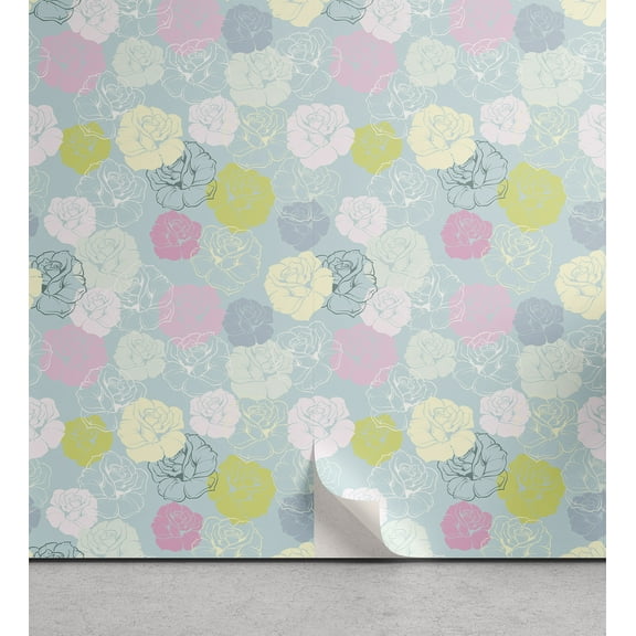 Ambesonne Floral Peel & Stick Wallpaper for Home, Pastel Colored Rose Flowers, 13"x100", Pale Blue and Multicolor
