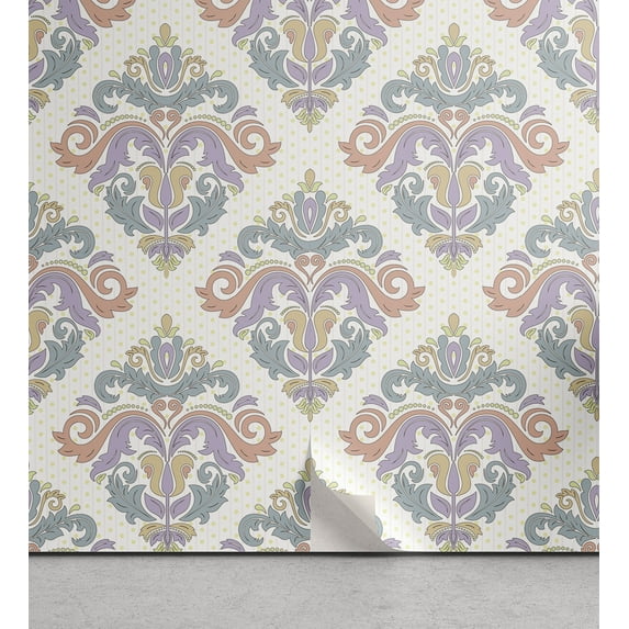 Ambesonne Floral Peel & Stick Wallpaper for Home, Pastel Modernized Damask, 13"x100", Cream Pale Salmon