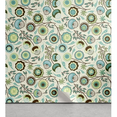Ambesonne Floral Peel & Stick Wallpaper for Home, Pastel Nature, 13"x100", Mint Green Sky Blue