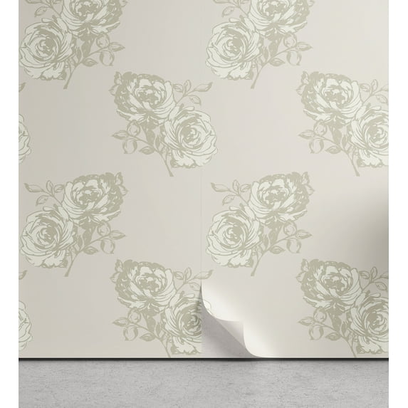 Ambesonne Floral Peel & Stick Wallpaper for Home, Pastel Peony Flowers Leaves, 13"x100", Ivory and Grey Yellow