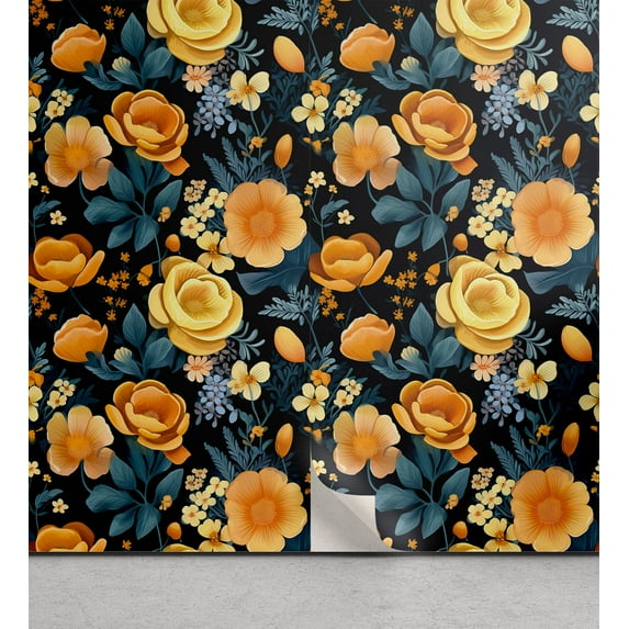 Ambesonne Floral Peel & Stick Wallpaper for Home, Peachy Summer Flowers Art, 13"x72", Apricot Dark Teal and Black