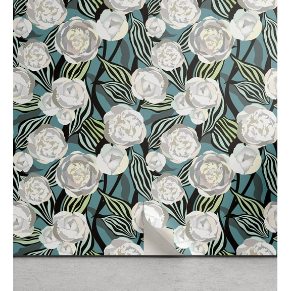 Ambesonne Floral Peel & Stick Wallpaper for Home, Peonies Scenery Nature Art, 13"x36", Pale Slate Blue and White
