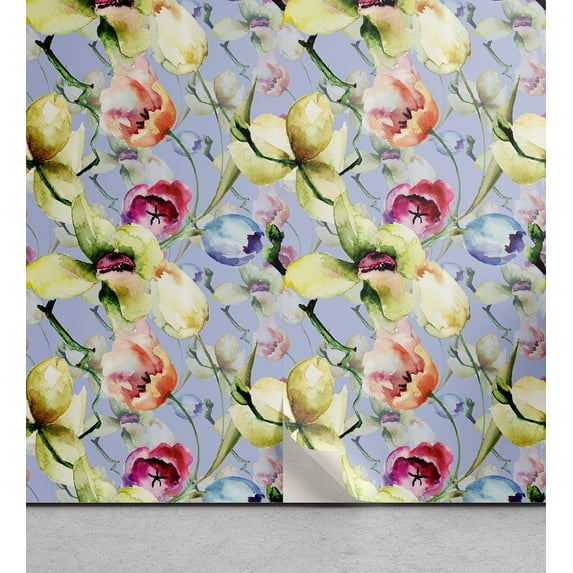 Ambesonne Floral Peel & Stick Wallpaper for Home, Pop Blossoms Spring Love Art, 13"x36", Ceil Blue and Yellow Green